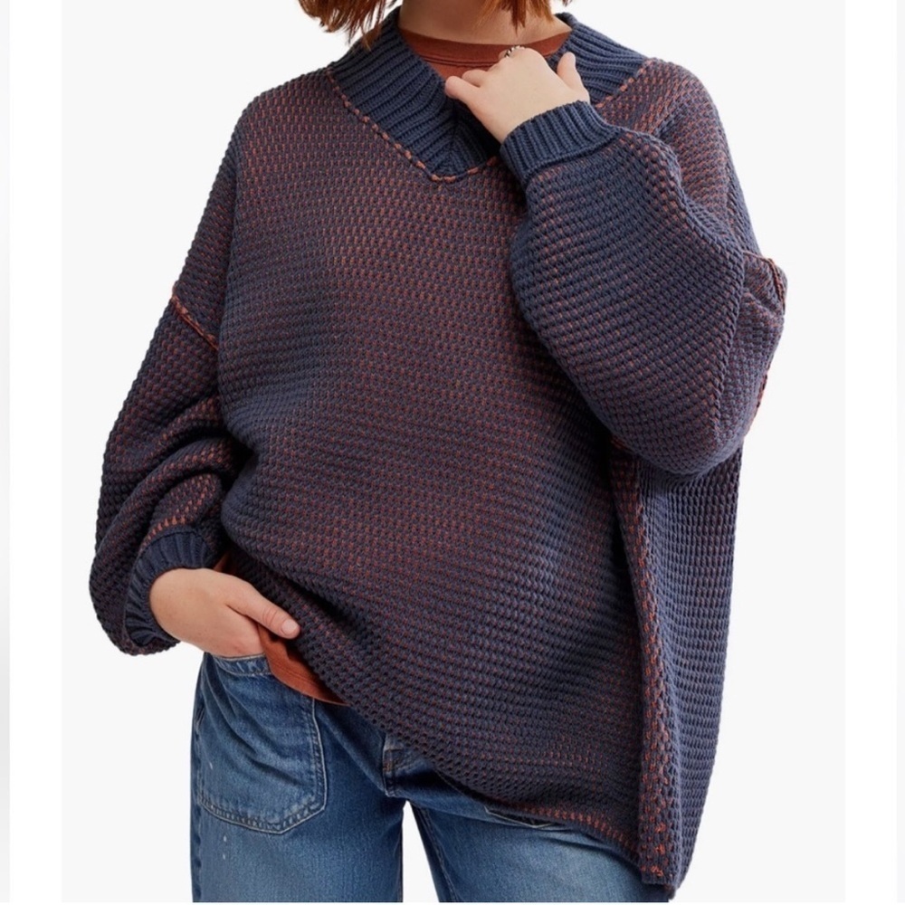 NWT Free People Oversized Navy and Pink Knit Sweater size M